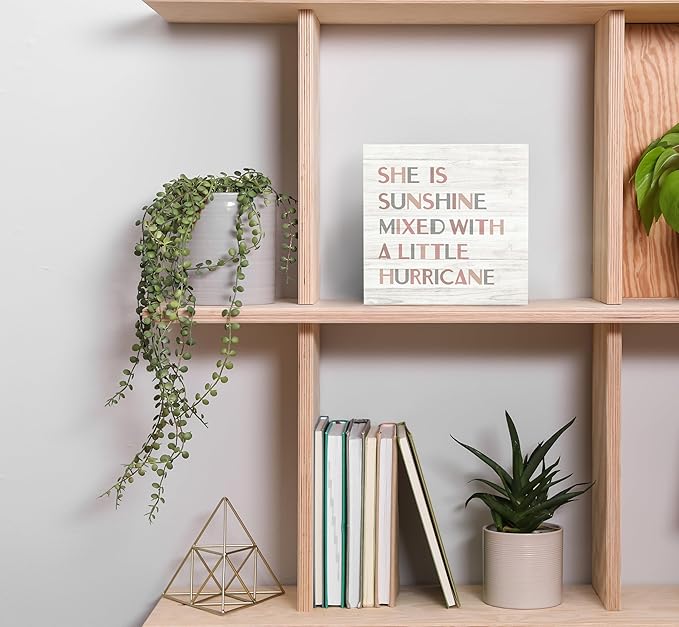 SRADMO She Is Sunshine Mixed with a Little Hurricane Boho Wood Box Sign Desk Decor, Girls Baby Inspirational Quotes Wooden Block Box Sign Decoration For Girls Room Shelf Table Nursery Playroom Decor