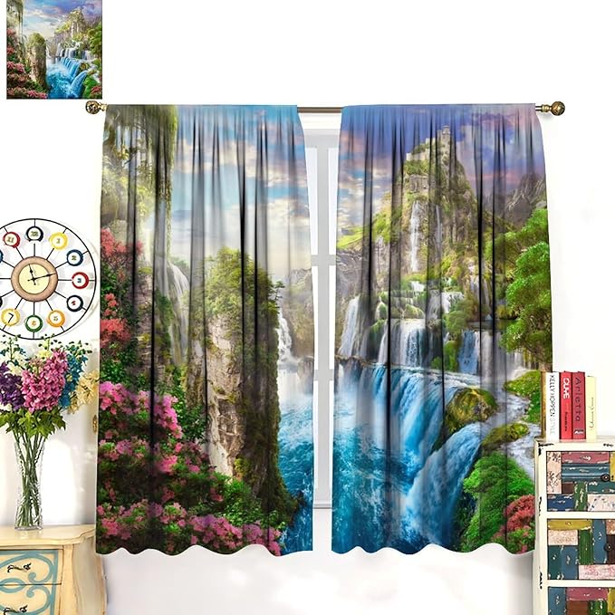 Forest Waterfall Blackout Curtain, Watercolor Tropical Jungle Waterfall Spring Flower Natural Scenery Pattern Window Drapes, for Bedroom Living Room 55" W X 63" L