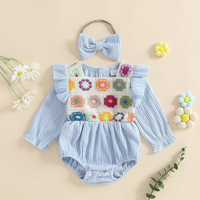 Gaono Newborn Baby Girl Smocked Bubble Romper Cute Boho Summer Clothes Ruffle Sleeveless Crochet Flower Vintage Bodysuit