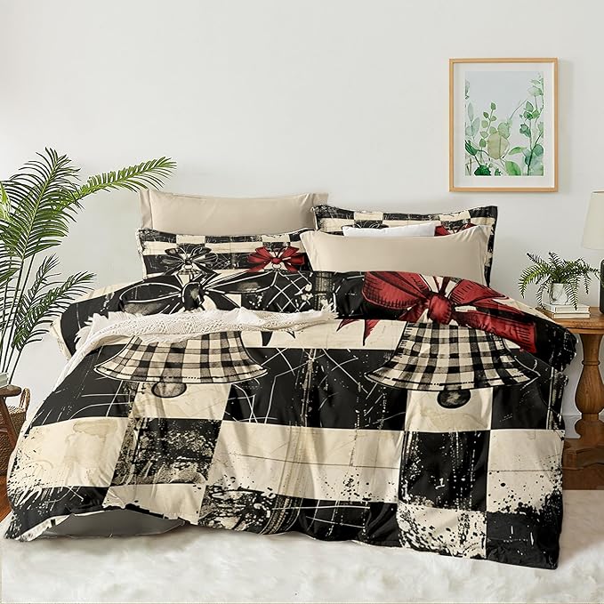 Christmas Duvet Cover Twin Size Retro Christmas Bell Gingham Bedding Set Kids Boys Girls Xmas Happy Holiday Checked Pattern Comforter Cover 2 Pcs with Zipper Closure (No Comforter)