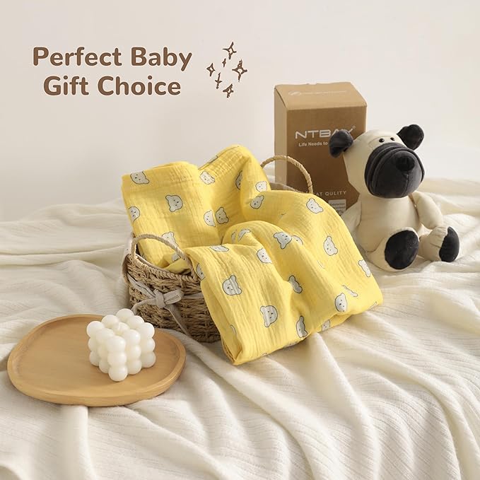 NTBAY 4 Layer Muslin Cotton Toddler Blanket, 42x60 Soft and Breathable Receiving for Newborns and Infants, Perfect for Crib, Stroller, Travel, Lightweight Nursery Blanket, Honey Bear