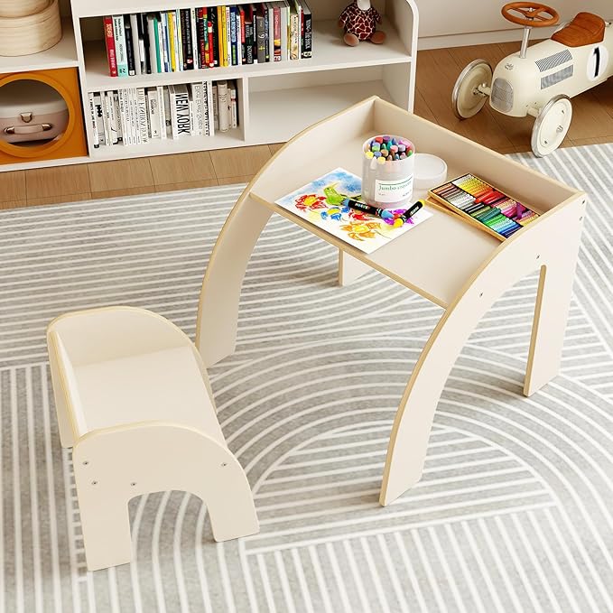 INFANS Kids Table and Chair Set, Wooden Activity Table for Toddlers Arts Crafts Drawing Reading Playing Building Block Drawing, Children Natural Furniture Set for Playroom Nursery