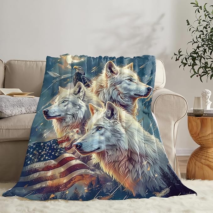 Tijuboni American Wolf Throw Blanket Wolf Gifts for Girls Boys Women Men Kids Adults Soft Flannel Fleece Blanket for Couch Sofa Bed Home Decor 50"x60"