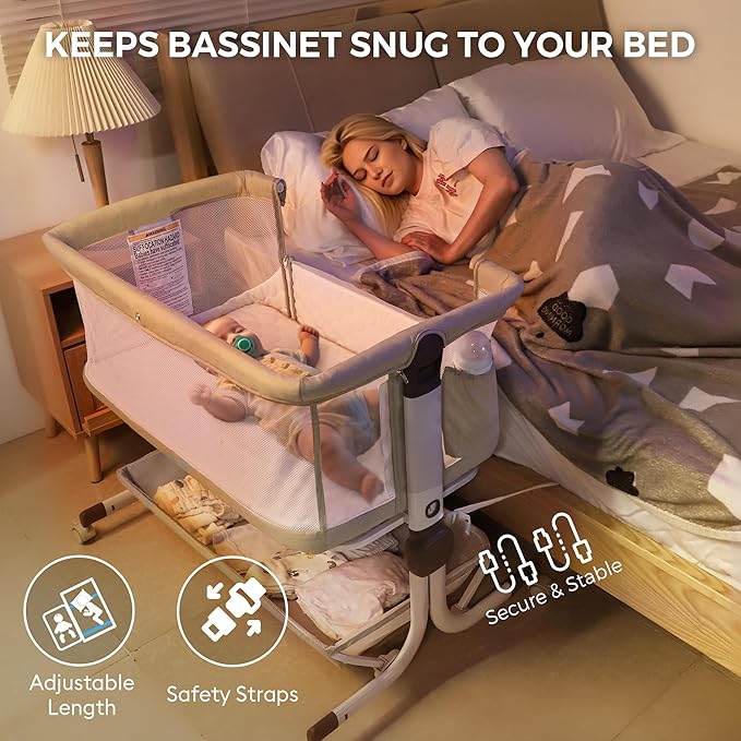 Baby Bassinet Bedside Sleeper, Upgraded Stability Bedside Crib with Full Mesh Sides, Soft Sheet, 6-Height Adjustment, Storage Basket, Easy Folding Portable Bassinet for Newborns, Beige