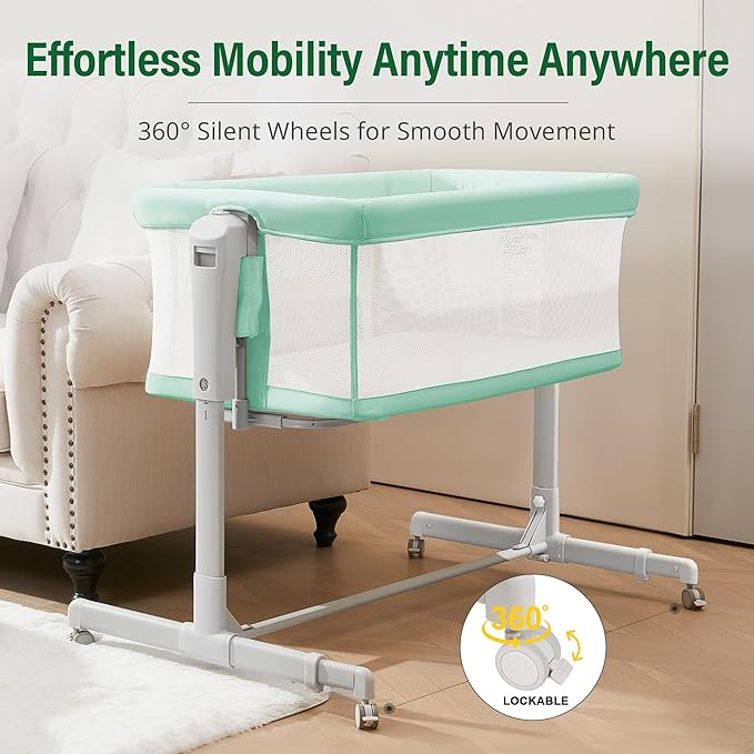 Baby Bassinet Bedside Sleeper 3-in-1, Easy Night Feeding with One-Side Fold & Rolling Wheels, Breathable Mesh, 6-Height Adjustable, Soft Mattress for Newborns