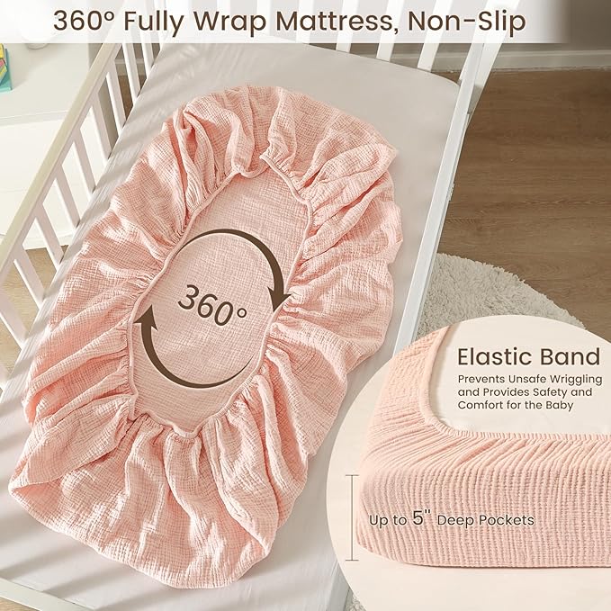 david's kids Muslin Mini Crib Sheets, 2 Pack Cotton Pack N Play Sheets for Girls, Soft Breathable Baby Sheets Fit Pack N Play, Playard and Mini Crib Mattresses, Snow White & English Rose