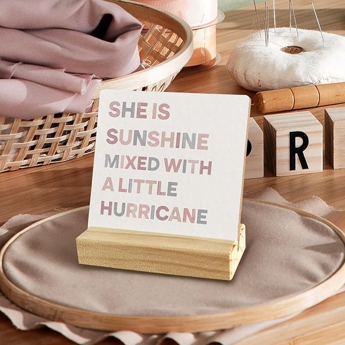 QASHWEY Boho Nursery Baby Girl Room Decor, Boho Desk Shelf Decor Wood Table Signs, She is Sunshine Mixed with a Little Hurricane Wooden Plaque with Wooden Stand for Home Nursery