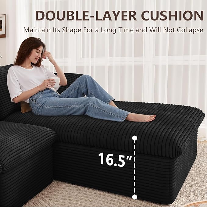 Cloud Sectional Couch,107 Inch Modular Sectional Sofa with Deep Seat, Modern Corduroy Boneless Couches with L-Shape Chaise for Living Room Bedroom, No Assembly Required (Black, Right Facing Chaise)