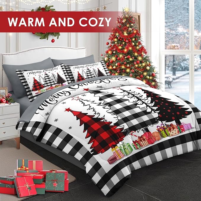 7 Pcs King Size Christmas Comforter Set with 2 Pillowcases & 2 Shams, Buffalo Check Plaid Tree Bedding for Kids and Adults, Winter Snowflake Bed in a Bag with Flat Fitted Sheet