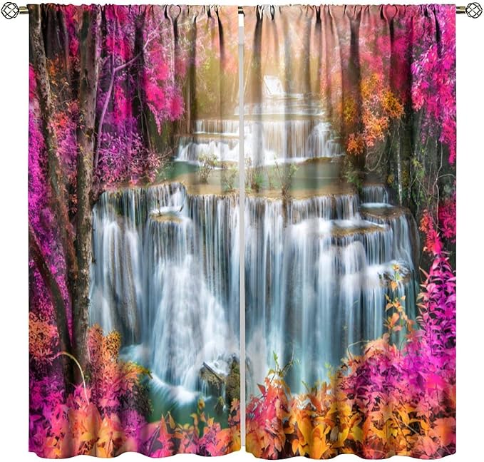 Waterfall Blackout Window Curtains, Nature Landscape Fores Theme Rod Pocket Window Drapes, for Living Room Bedroom 84" W X 84" L