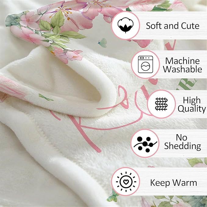 Ship Next Day, Personalized Baby Blankets for Girls, Custom Kids Blanket with Name Flowers, Receiving Blankets for Newborn Girl Gifts Swaddle, Customized Baby Shower Birthday