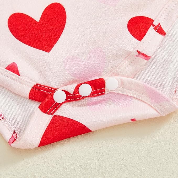FIOMVA My First Valentines Day Outfit Clothes Baby Girl Romper Love Onesie Heart Embroidery Overalls Suspender Dress Set