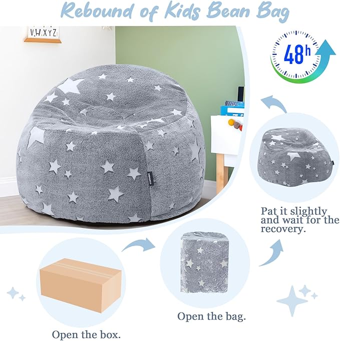 COMAX Bean Bag Chairs for Kids, Toddler BeanBag Sofa with Filler Bean Couch Stuffed for Boys and Girls, Lazy Floor Chair for Playroom, Nursery Room, Glowing Grey Star
