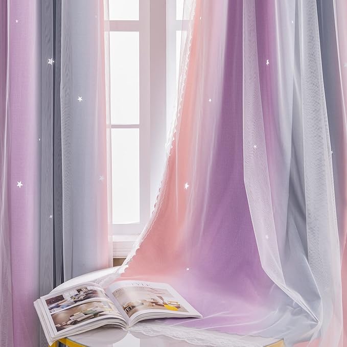 XiDi Curtains for Girls Bedroom Kids Room Unicorn Princess Theme Home Decor 72 inches Length Grey/Pink/Purple, W52 X L72 2 Panels