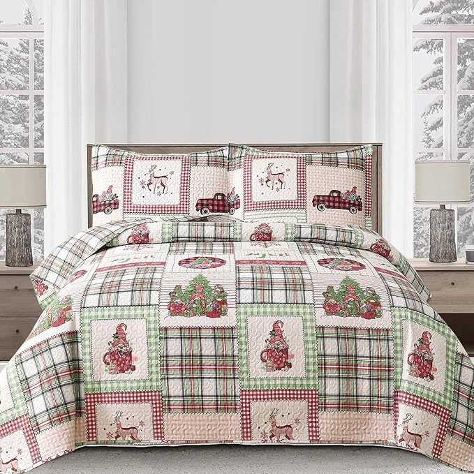 Christmas Bedding Set King Quilt Bedspread Coverlet,Plaid Patchwork Christmas Quilt Bedding Holiday Xmas Bedspread Lightweight Reversible Gnome Santa Claus Home Festival Decor