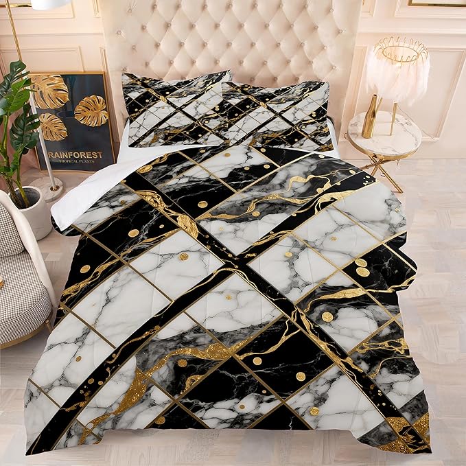 Geometric Marble Comforter Set: Full Size White Black and Gold Bedding Sets Rhombus Geometry Abstract Marbling Quilt 3PC Bed Set 1 Comforter & 2 Pillowcases