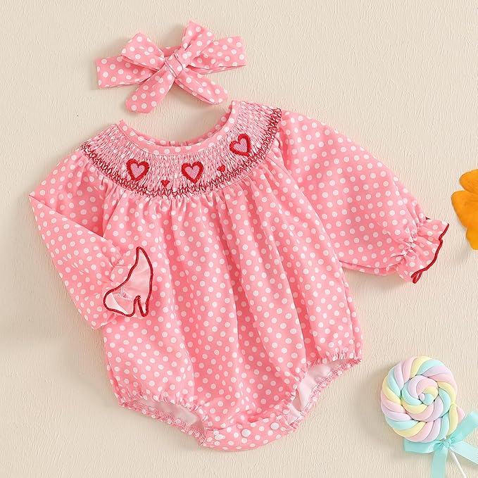 Amiblvowa Baby Girl Valentines Day Outfit Embroidery Love Heart Smocked Bubble Romper Bodysuit Cute Infant Newborn Clothes