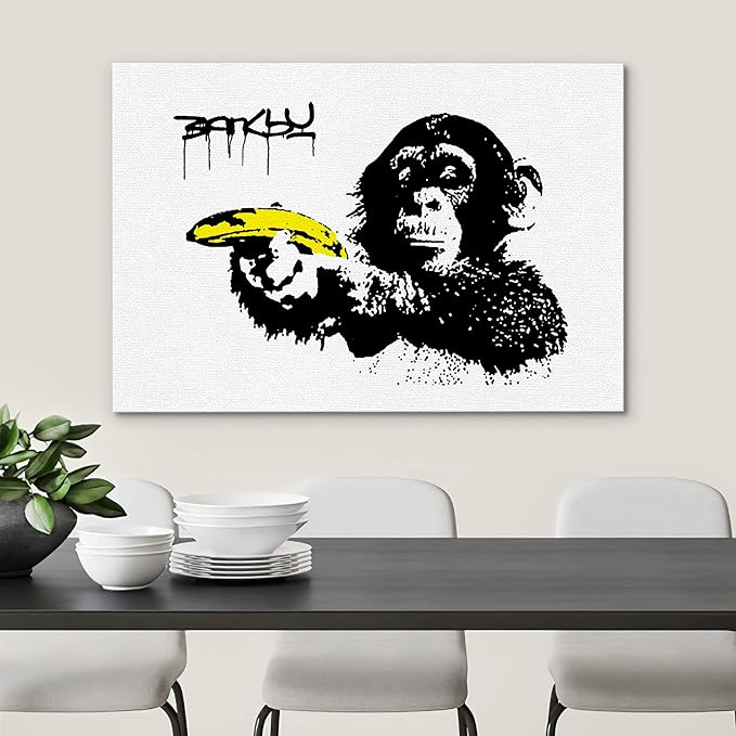 SIGNWIN Framed Canvas Wall Art Banksy Monkey with Banana Print Graffiti & Street Art Famous People Pop Art Modern Urban Multicolor for Living Room, Bedroom, Office - 32x48 inches