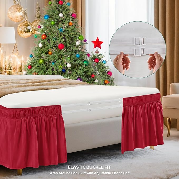 Biscaynebay Wrap Around Bed Skirts for Queen Beds with Short Drop of 12", Red Adjustable Elastic Dust Ruffles Easy Fit Wrinkle Resistant Silky Luxurious Fabric Machine Washable