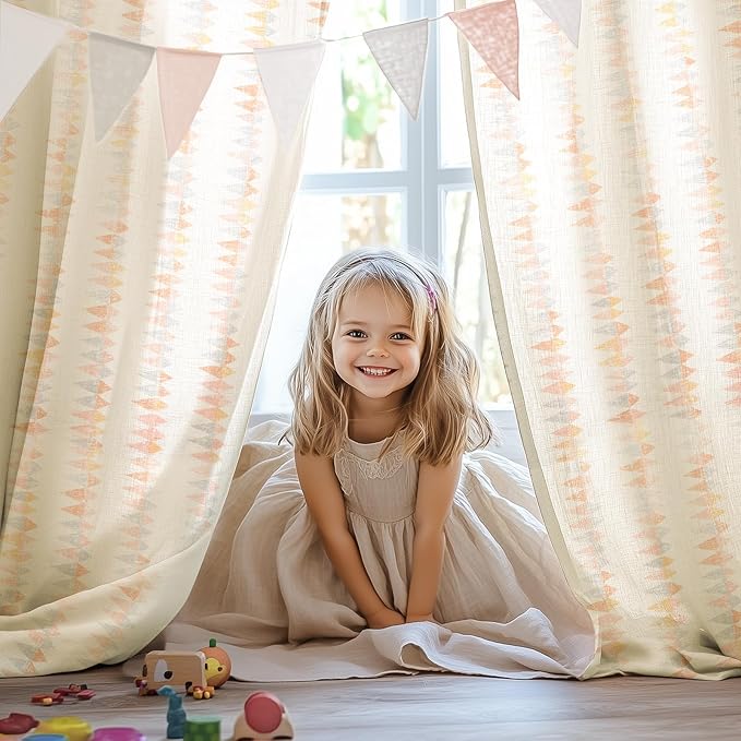 jinchan Linen Nursery Curtains for Living Room Boho Curtains for Bedroom Kids Room 63 Inches Long Pink Geometric Printed Farmhouse Drapes Rod Pocket Window Treatment Curtain Set of 2 Panels Peachy