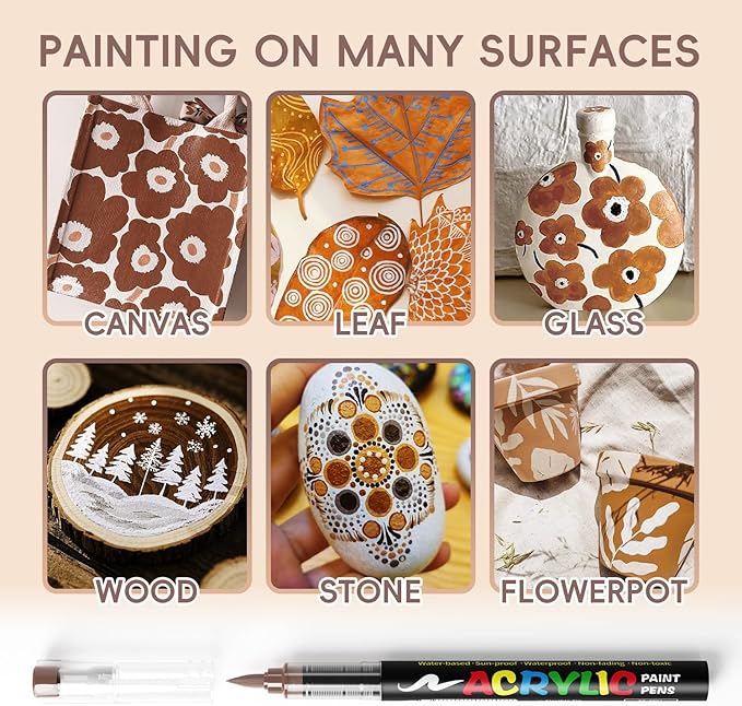 Paint Pens Acrylic Markers - 9 Maillard Series Brush Tip Water Based Marker Pens for Rock Painting, Wood, Ceramic, Glass, Acrylic Paint Markers for Egg Pumpkin