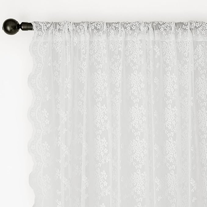 Anmao Vintage Lace Curtains 80 Inches Long 2 Panels Set, Romantic Elegant Light Filtering Semi Sheer Floral Thick Lacy Curtain Drapes for Living Room and Bedroom, Each Panel 55W x 80L, Bright White