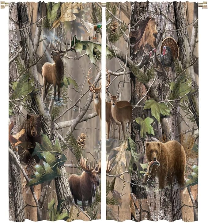 Retro Forest Window Curtains, Camouflage Hunting Tree Camo Rustic Deer Elk Bird Bear Blackout Rod Pocket Windows Door Curtain for Bedroom Living Room Home Decor 55x63in