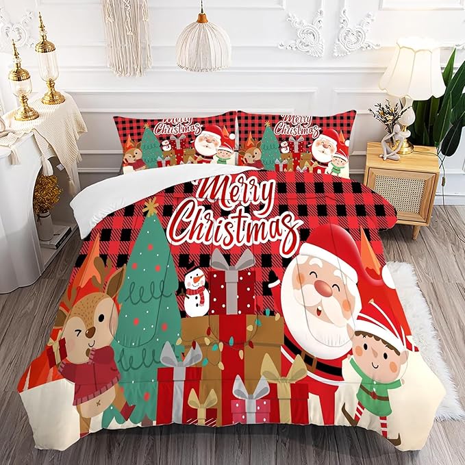 Christmas Comforter Set Queen Size Plaid Bedding Sets for Kids Boys Girls Bedroom Xmas Gift Christmas Festival Quilt Set,1 Comforter + 2 Pillow Cases