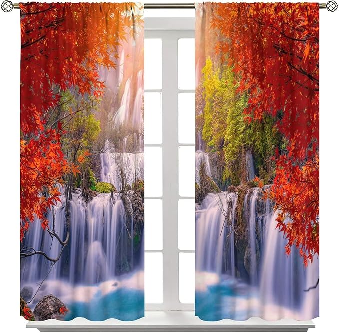 Forest Waterfall Blackout Windows Curtains, Autumn Red Green Maple Leaves Jungle Rainforest Natural Scenery Landscape Curtains, for Living Room Bedroom 55x63in 2 Panels
