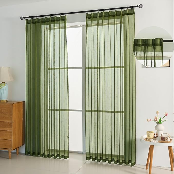 Dark Green Linen Look Pinch Pleated Sheer Curtains 96 Inches Long 2 Panels, 50 Inches Width, Rustic Textured Light Filtering Drapes, Olive Window Curtain with Hooks