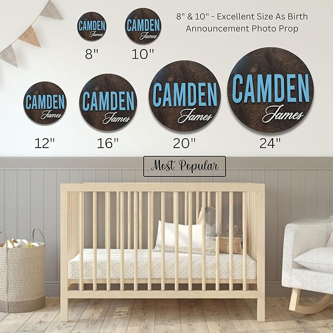 Custom Round Nusery Name Sign, Personalized 3D Baby Name Announcement Sign, Personalized Wooden Wall Plaque, 3D Wall Art for Children & Kids Rooms, Family Name Signs, 30 Colors (Design 2)
