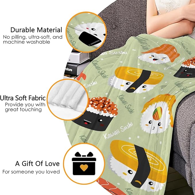 Thuswarm Cute Sushi Kawaii Flannel Throw Blanket Warm Cozy Soft Cartoon Food Print Blankets for Bed Couch Sofa Room Decoration Gifts 60”×50” Medium for Teen