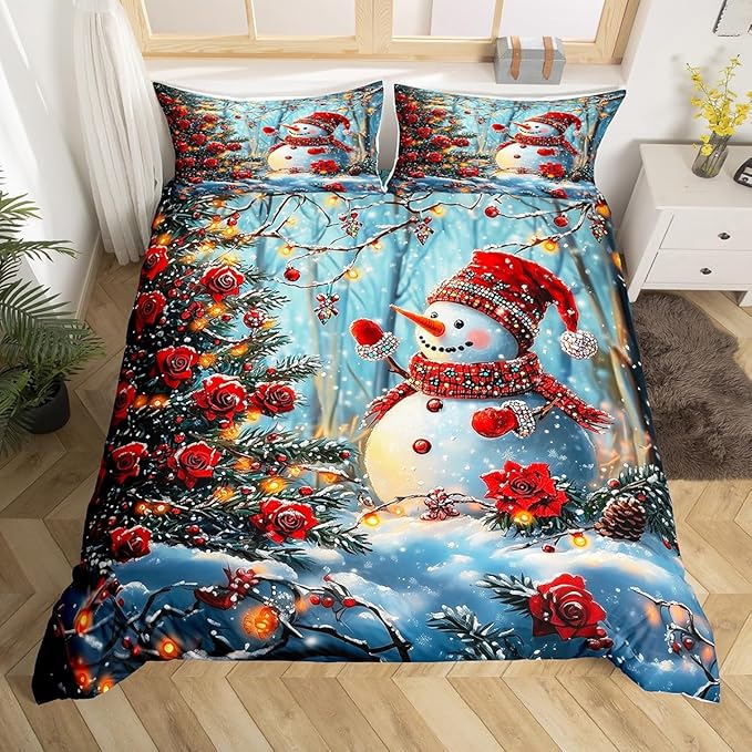 Manfei Christmas Kids Duvet Cover Set Queen Size, Cute Snowman Xmas Bedding Set for Boy Girls Room Decor, Red Flower New Year Comforter Cover, Lightweight Bedspread Cover, 2 Pillowcases, No Comforter