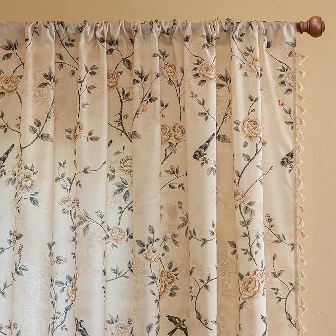 ENJOYBRIDAL Floral Curtains 63 Inches Long 2 Panels Set Farmhouse Rod Pocket Drapes for Bedroom Boho Cute Short Window Curtain Panels Rustic Living Room Semi Sheer Cottage Vintage Window Treatments