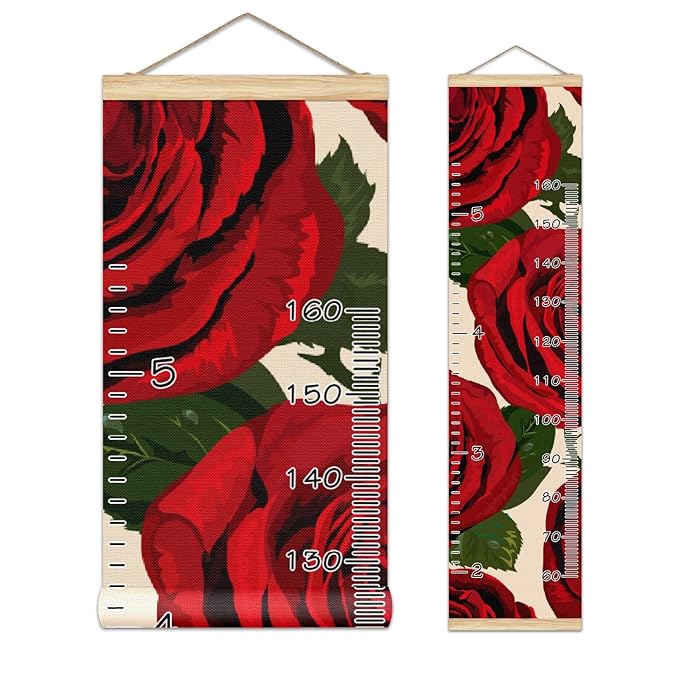 Personalized Kids Name Growth Chart Ruler for Wall Wood Frame Height Measure Chart 13.4x56 in Linen Hanging Height Growth Chart Vintage Red Rose Kids Room Decor