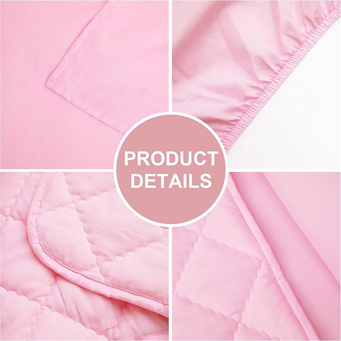 FLXXIE 4 Pieces Toddler Bedding Set, Soft and Breathable Microfiber Crib Sheet Set, Includes Quilted Comforter, Flat Top Sheet, Fitted Sheet, Envelope Pillow Case for Boys and Girls, Pink