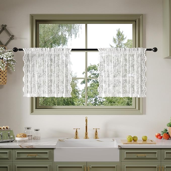 Anmao Vintage Lace Valance Kitchen Curtains 24 Inches Long 2 Panels, Semi Sheer Floral Over Sink Lacy Cafe Curtain, Elegant Window Short Small Drapes, 55W x 24L, White Plum