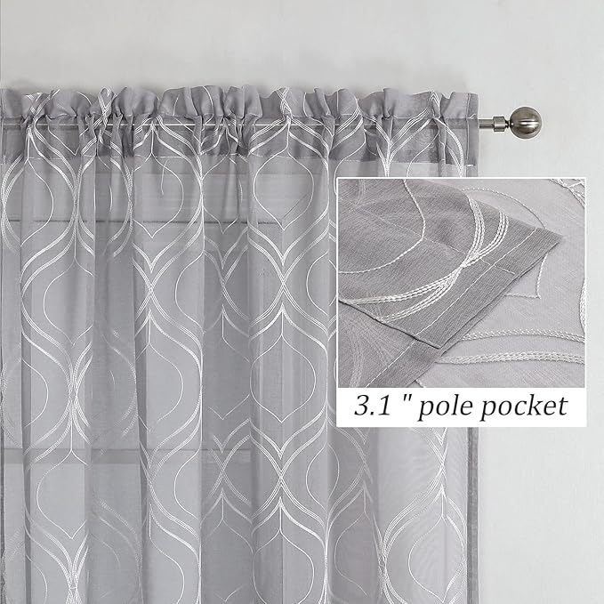 VISIONTEX Sheer Curtains 84 Inches Long 2 Panels Set Light Grey Moroccan Embroidered Curtains Trellis French Textured Rod Pocket Voile Tulle Semi Window Drapes for Bedroom Living Room 54 x 84 Inches