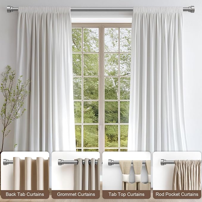 2 Pack Modern Silver Curtain Rods for Windows 48 to 84 Inches Adjustable Heavy Duty 1" Diameter Window Curtain Rod with Decorative Finials for Outdoor Bedroom Kitchen Living Room