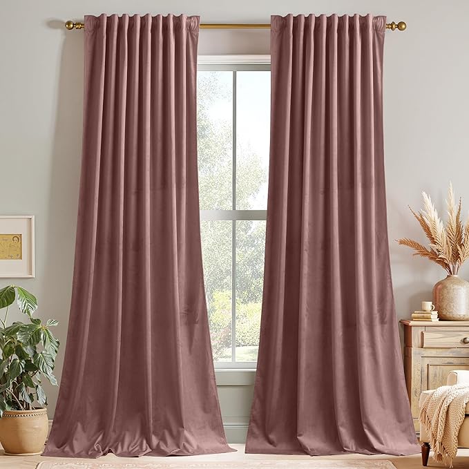 StangH Wild Rose Mauve Velvet Curtains 94 inches Long Back Tab Soft Thermal Insulated Privacy Nursery Bedroom Window Drapes Home Decor for Living Room Office, W52 x L94, 2 Panels