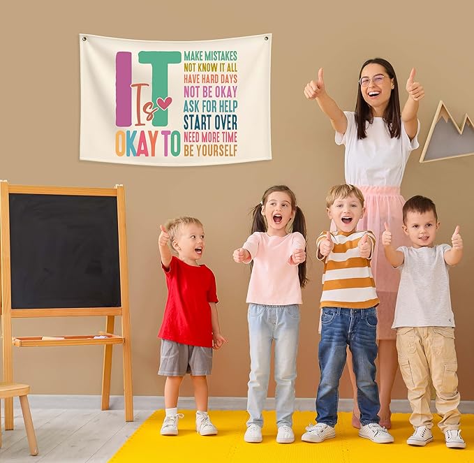 Mental Health Educational Growth Mindset-Boho Rectangular Banner Pennant Poster Flags-for Baby Boy Girl Room Home Playroom Classroom-Christmas Gift-It is Okay to Make-28.5x20 Inches
