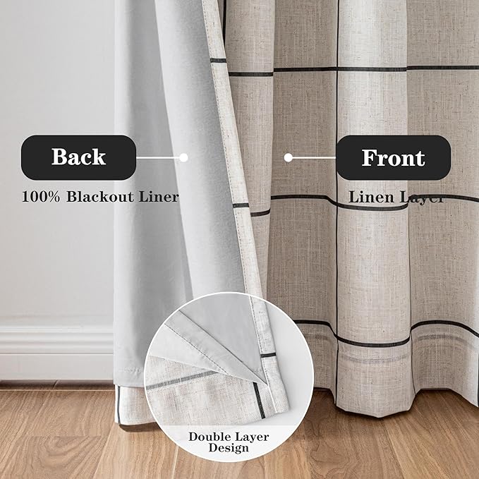 MYSKY HOME 100% Blackout Plaid Farmhouse Linen Curtains 54 Inch Long 2 Panels Set Double Layer Windowpane Drapes Thermal Insulated Privacy Protection Rod Pocket Back Tab, 52" W, Black