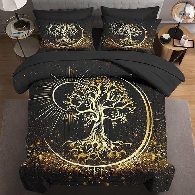 7 Pcs Full Size Comforter Set with 2 Pillowcases & 2 Shams, Black Sun and Moon Bedding for Kids and Adults, Nature Tree of Life Bed in a Bag with Flat Fitted Sheet