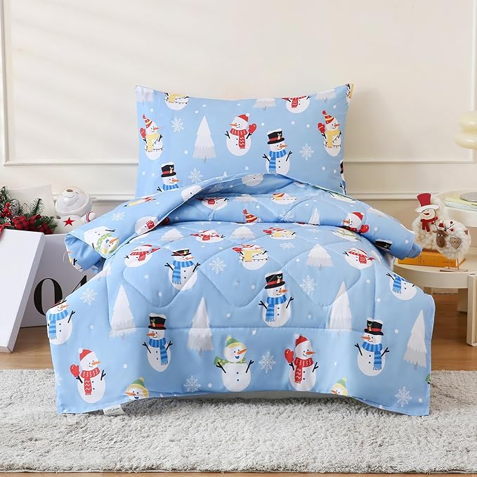 LONAVA Winter Toddler Kids Comforter Set - 4 Pieces Toddler Bedding Sets for Boys Girls Children, Ultra Soft Microfiber Bed in A Bag with Flat Fitted Sheets, Snowman