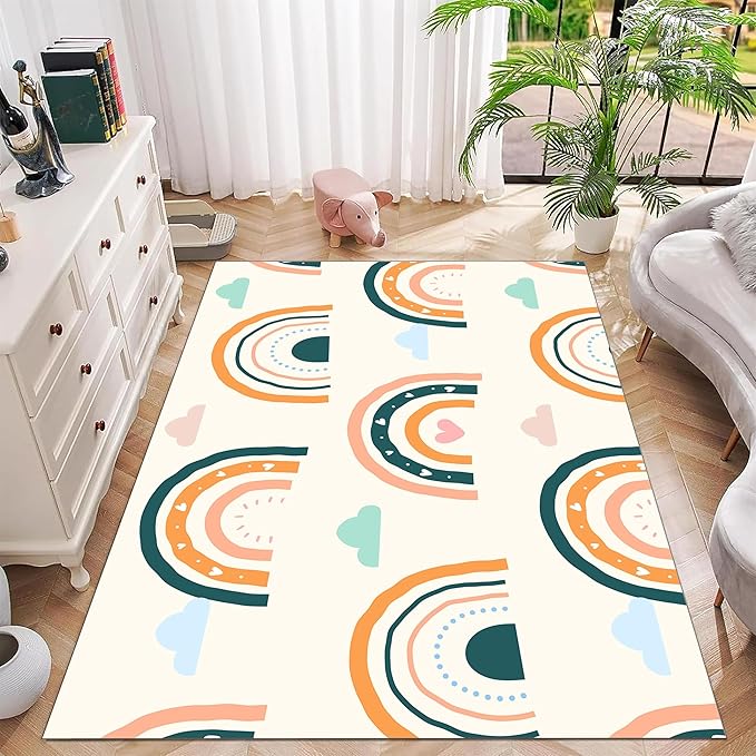 Children's Carpet Girl's Bedroom Rainbow Carpet Living Room Area Rugs Soft Washable Non-Slip Rugs Simple Lovely Rainbow White Cloud Print Children's Room Nursery Decoration Beige 3x4ft
