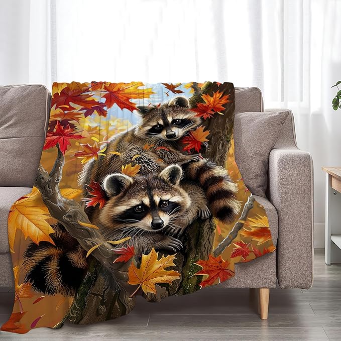 Raccoon Blanket Funny Raccoons Gifts for Girls Boys Woman Kids Raccoon Lover Maple Leaf Throw Blankets Soft Blanket Warm Fleece Flannel Plush Blankets for Bed Sofa Couch 40"x50"