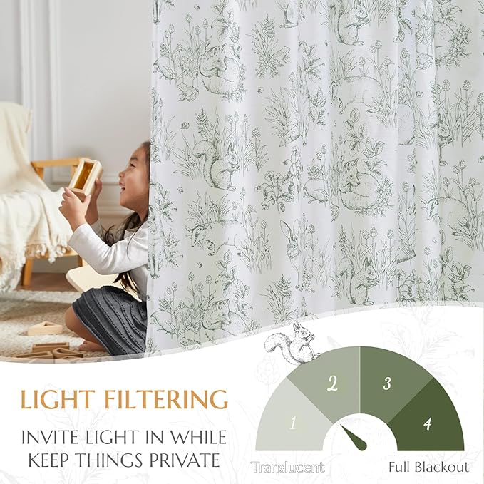 jinchan Linen Nursery Curtains 84 inch Long Woodland Wildlife Sage Green Print Drapes for Kid's Room Light Filtering French Country Farmhouse Curtains with Bunny and Forest Design Set of 2 Panels