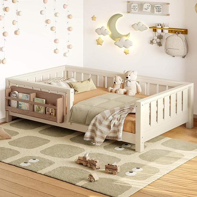 Bellemave Twin Floor Bed with Slats and Safety Guardrail, Twin Size Montessori Floor Bed with Fence and Built-in Bookshelf, Easy Assemble Montessori Beds for Kids, Girls, Boys, Beige