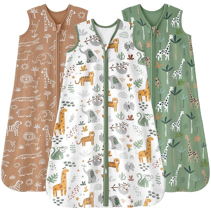 Baby Sleep Sack 18-24 months, 100% Cotton Sleeping Sack for Newborn and Infant, 3 Pack Baby Wearable Blanket for Boy and Girl, 0.5 Tog Lightweight Double Zipper Sleep Bag Green Brown Giraffe