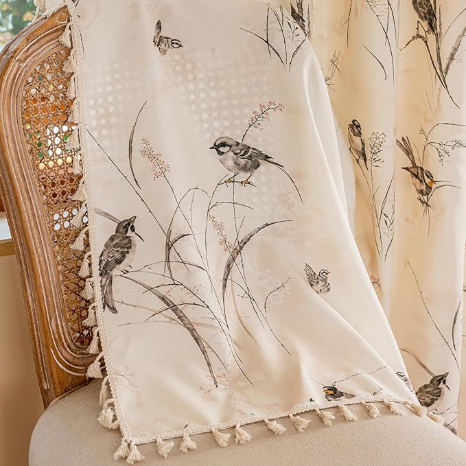 ENJOYBRIDAL Bird Patterned Curtains 84 Inches Semi Sheer Living Room Drapes Floral Bedroom Printed Farmhouse Window Curtain Panels Floor Length Boho 2 Panels Botanical Rod Pocket Window Treatments
